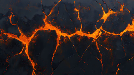 A textured surface featuring dark cracks illuminated by glowing orange lava, representing volcanic activity and geological processes. Volcanic Glow. Illustration