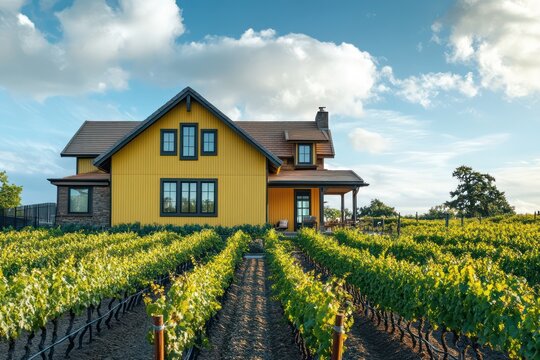 A contemporary home with a fa? section ade of warm yellow vinyl siding and a roofline accented with rustic terracotta tiles