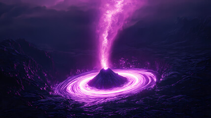 A vibrant purple energy beam spirals upwards from a black volcanic peak, surrounded by glowing rings and radiating outward towards a dark, rocky landscape. Volcanic Glow. Illustration