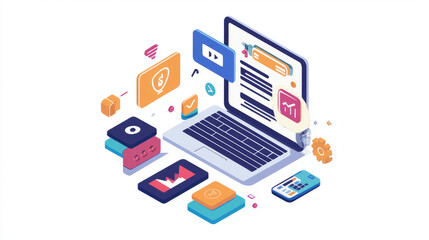 Software development, web coding on laptop. synchronization work data with cloud storage. Programming applications concept. Website design, coding, optimization for phone. remote work in home office.