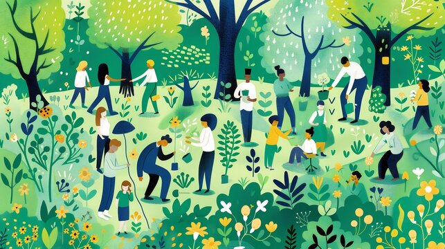 Dynamic vector illustration of Earth Day festivities featuring diverse families gathering in a sunlit park engaging in tree planting and eco friendly recycling initiatives amid lush greenery