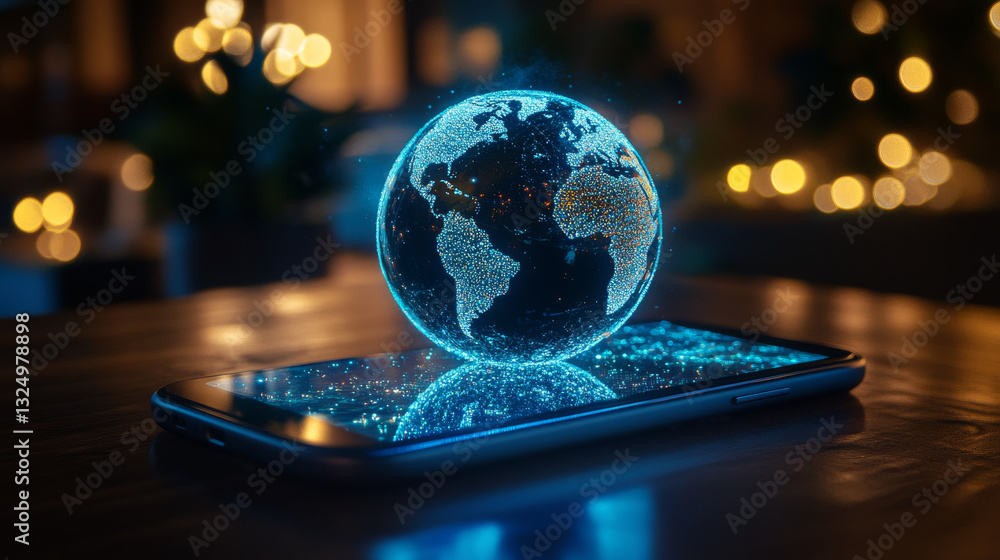 Poster high speed communications with world wide web from anywhere in world via phone mobile internet. holo