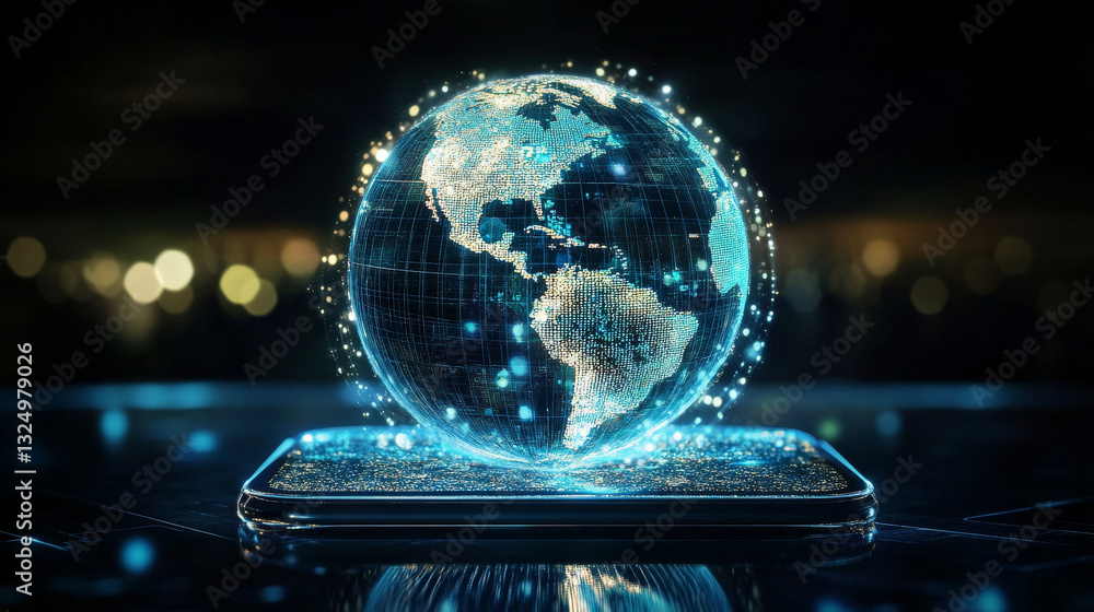 Poster high speed communications with world wide web from anywhere in world via phone mobile internet. holo