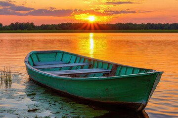 Serene sunset over tranquil lake with a weathered rowboat.  Peaceful, golden hour light reflecting on still water.  Tranquil scene
