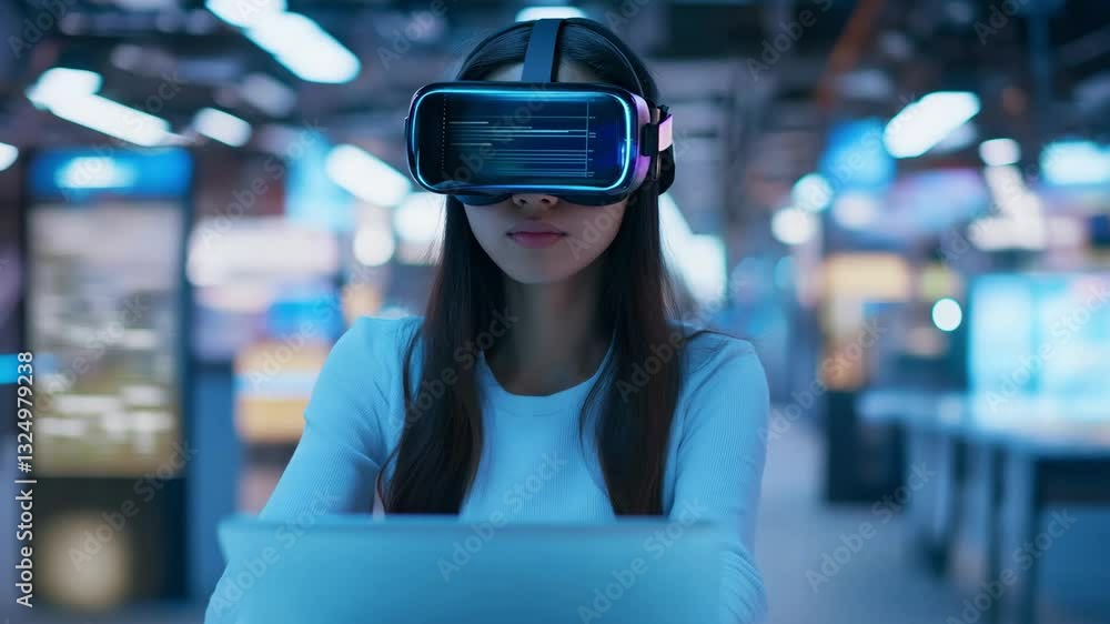 Poster a woman engages with advanced virtual reality technology while seated at a workstation in a high tec