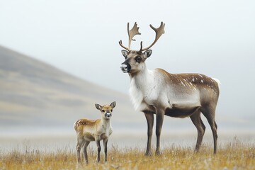 Reindeer mother and calf close together in a snowy landscape during winter, highlighting a tender moment in natures beauty