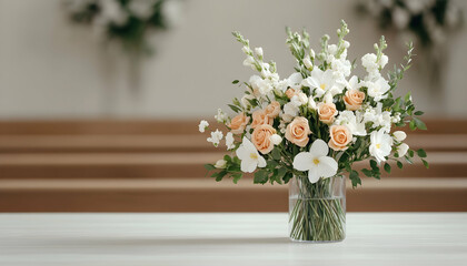 Elegant floral arrangement in a clear vase, featuring peach and white blossoms