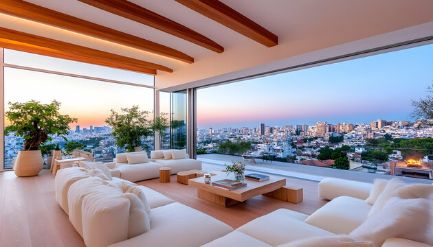 Modern, panoramic, luxury living room with city views