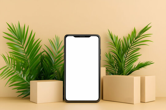 Modern smartphone displayed amongst tropical foliage