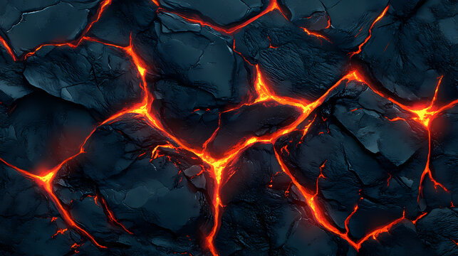 Cracked molten lava glowing beneath black volcanic rock. banner or header. Volcanic Glow. Illustration