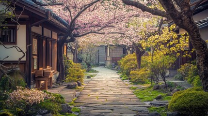 Street view with beautiful cherry blossom flower at full blooming in Spring.