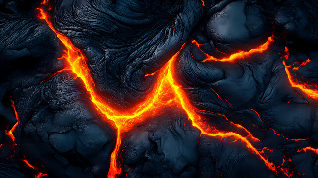 Cracked molten lava glowing beneath black volcanic rock. banner or header. Volcanic Glow. Illustration