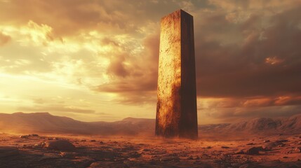 An abstract tall monument stands alone within a desolate landscape