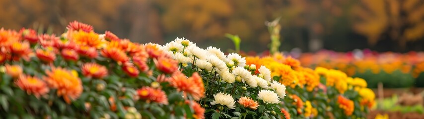 panoramic of vibrant chrysanthemum field with rich autumn hues