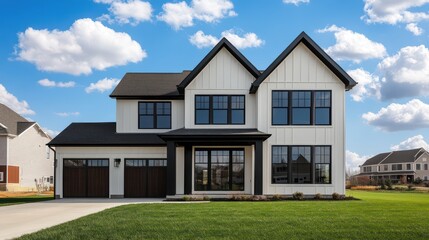 A contemporary two-story farmhouse with off-white exterior paint and dark walnut window frames