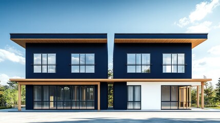 A contemporary two-story home with matte navy walls and crisp white windows, reflecting a modern Japanese architectural style