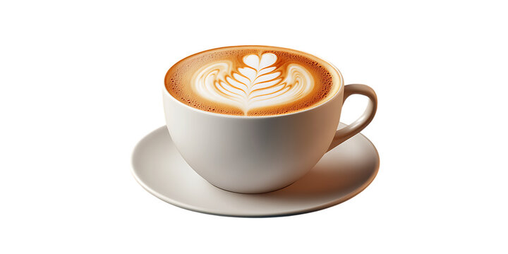  steaming cup of cappuccino with latte art, detailed foam texture, isolated, transparent background