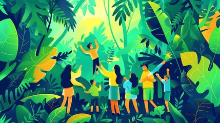Dynamic vector illustration of Earth Day festivities featuring diverse families gathering in a sunlit park engaging in tree planting and eco friendly recycling initiatives amid lush greenery