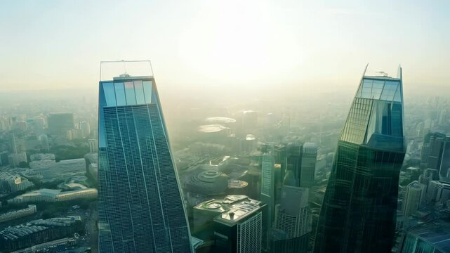 A serene 360-degree video of skyscrapers bathed in soft, diffused early morning light.