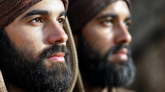 Two men with beards in traditional attire staring intently during an outdoor gathering at dusk