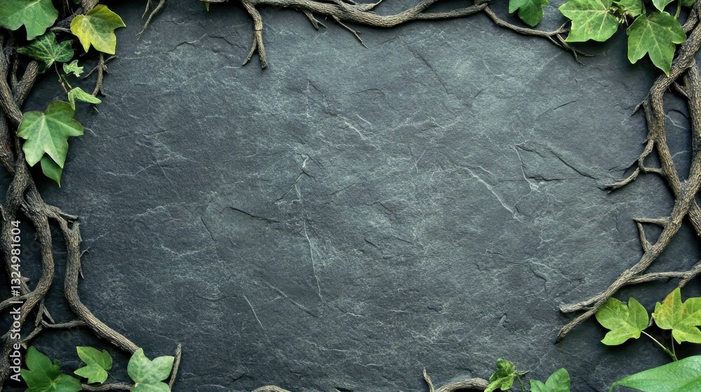 Poster verdant ivy tendrils wrapping around weathered branches creating natural frame against dark slate st