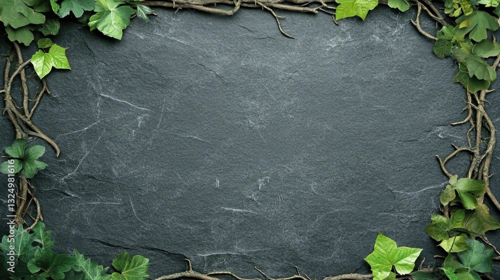 Poster verdant ivy and twisting branches framing dark slate surface, providing organic texture and compelli