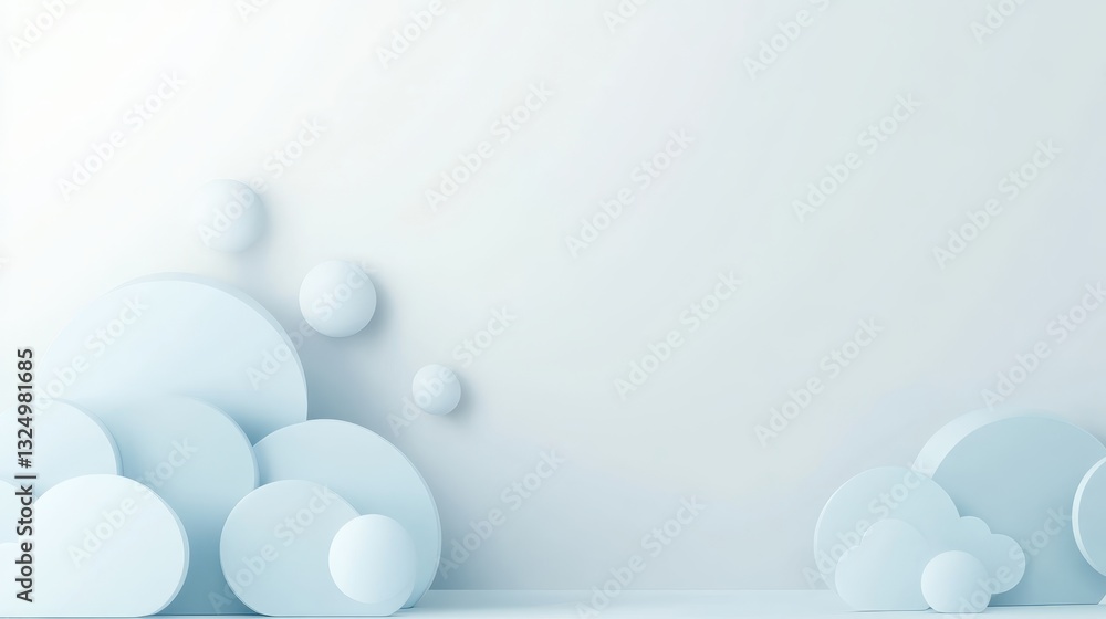 Poster minimalist abstract background composition featuring light blue geometric shapes, circles, and spher
