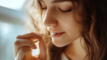 Obraz premium A close-up of a woman carefully cleaning a beautiful ring with a toothbrush against a light background