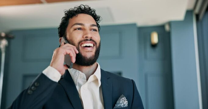 Happy, businessman and window with phone call for proposal, corporate discussion or improvement. Man, employee or advisor talking with mobile smartphone for business conversation, negotiation or deal