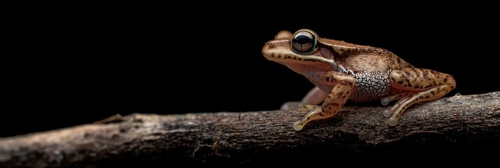 A detailed close-up of a brown frog resting on a twig, showcasing its unique features and colors against a dark background, emphasizing the beauty of nature's creatures.
