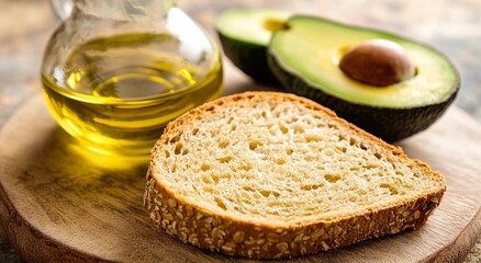 A slice of whole grain bread sits next to a small glass of olive oil and two halves of avocado. A healthy and delicious snack.
