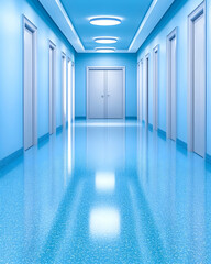 Empty hospital corridor with light blue walls and floor