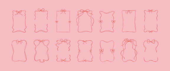 Rectangle ribbon bow frame set. Vintage vector illustration. Hand drawn aesthetic vertical border. Christmas, Valentines day, birthday, menu, bachelorette party design line art elements