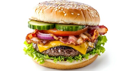 Delicious burger containing cheese bacon onion