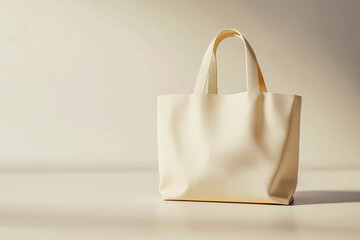 A tan bag with a zigzag pattern sits on a white table