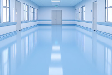 Empty, modern hospital hallway with light blue walls and polished floor