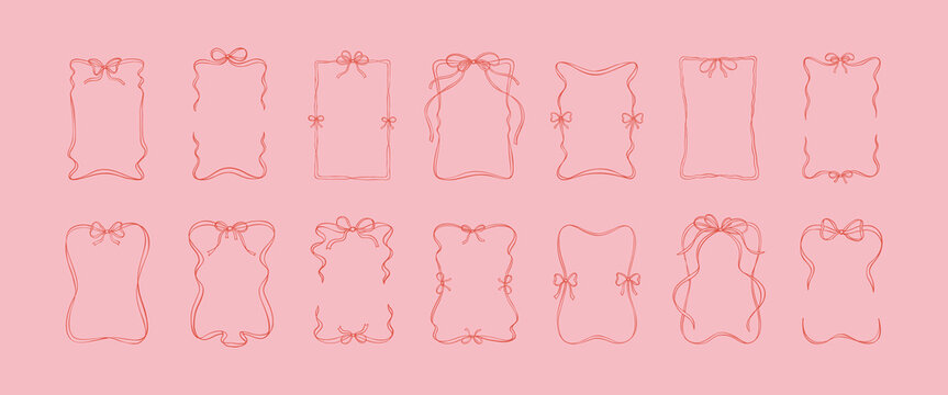 Rectangle ribbon bow frame set. Vintage vector illustration. Hand drawn aesthetic vertical border. Christmas, Valentines day, birthday, menu, bachelorette party design line art elements