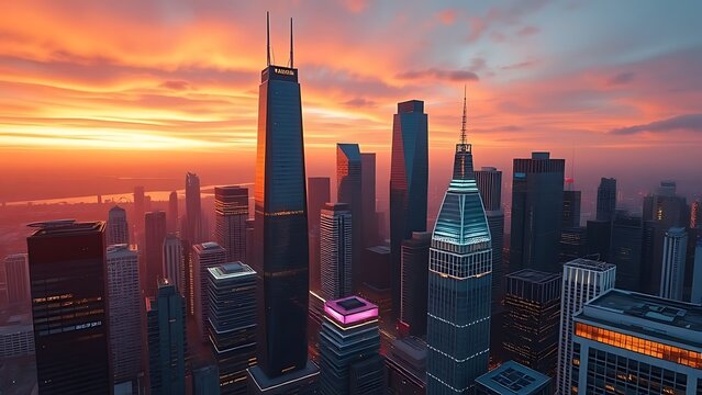 Cityscape at Sunset:  Urban Skyline, Golden Hour, Skyscrapers, Architecture, City Views, Metropolitan,  High-Rise Buildings, Downtown,  Evening Glow, Buildings