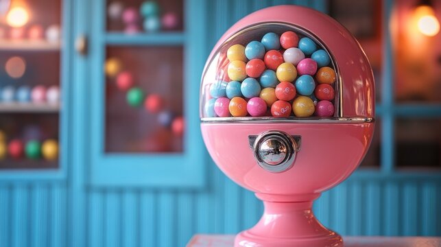 A bubble gum dispenser with colorful pastel candies