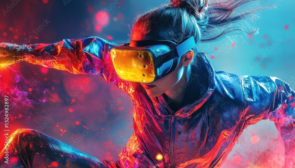 Poster experience virtual reality in a futuristic setting with a woman wearing a high-tech headset during a