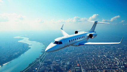 Jet flying over a vibrant city skyline on a clear day