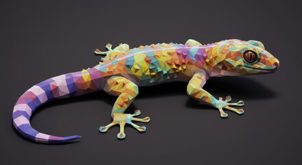 Obraz premium Colorful geometric gecko with vibrant hues and polygonal textures rests still