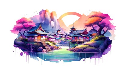 Asiatische Landschaft Aquarell Abbildung