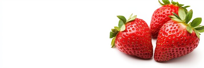 Three ripe, juicy strawberries presented on a clean white background, showcasing their deliciousness and vibrant red color, perfect for food-related contexts.
