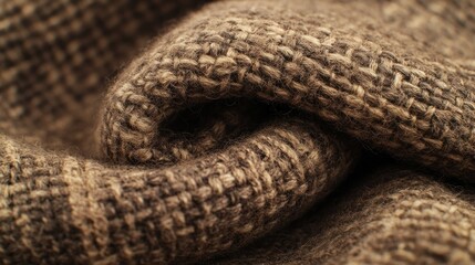 Fototapeta premium Folded brown woven textile, detailed macro shot, neutral background, soft lighting