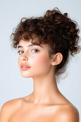 Portrait of a young woman with voluminous curly hairstyle and natural makeup