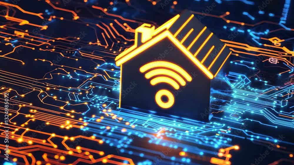 Poster smart home technology against a backdrop of colorful digital circuits and connections in virtual set