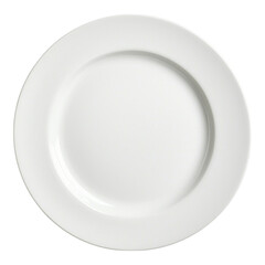 A simple white plate with a smooth surface, featuring a rounded edge and a central depression for food presentation.