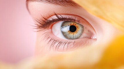 Macro close up capturing delicate female eye with sweeping eyelashes, hazel iris displaying intricate blood vessel details against soft pastel background