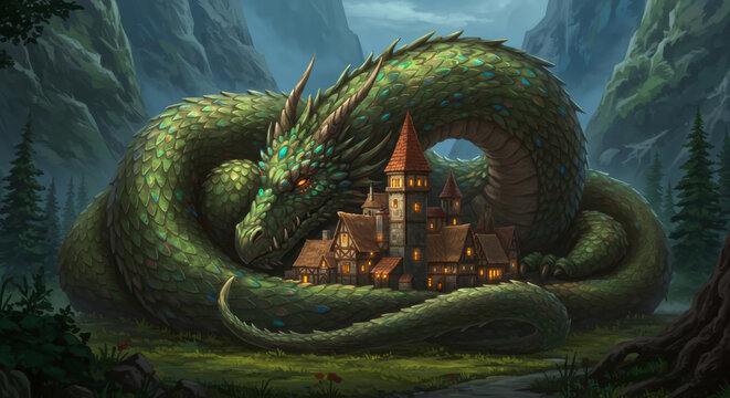 A large green dragon protects a medieval village carefully